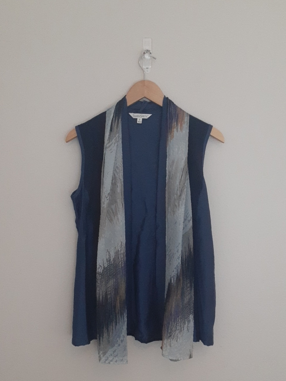 TravelSmith Navy Sleeveless Open Vest with Draped Printed Scarf